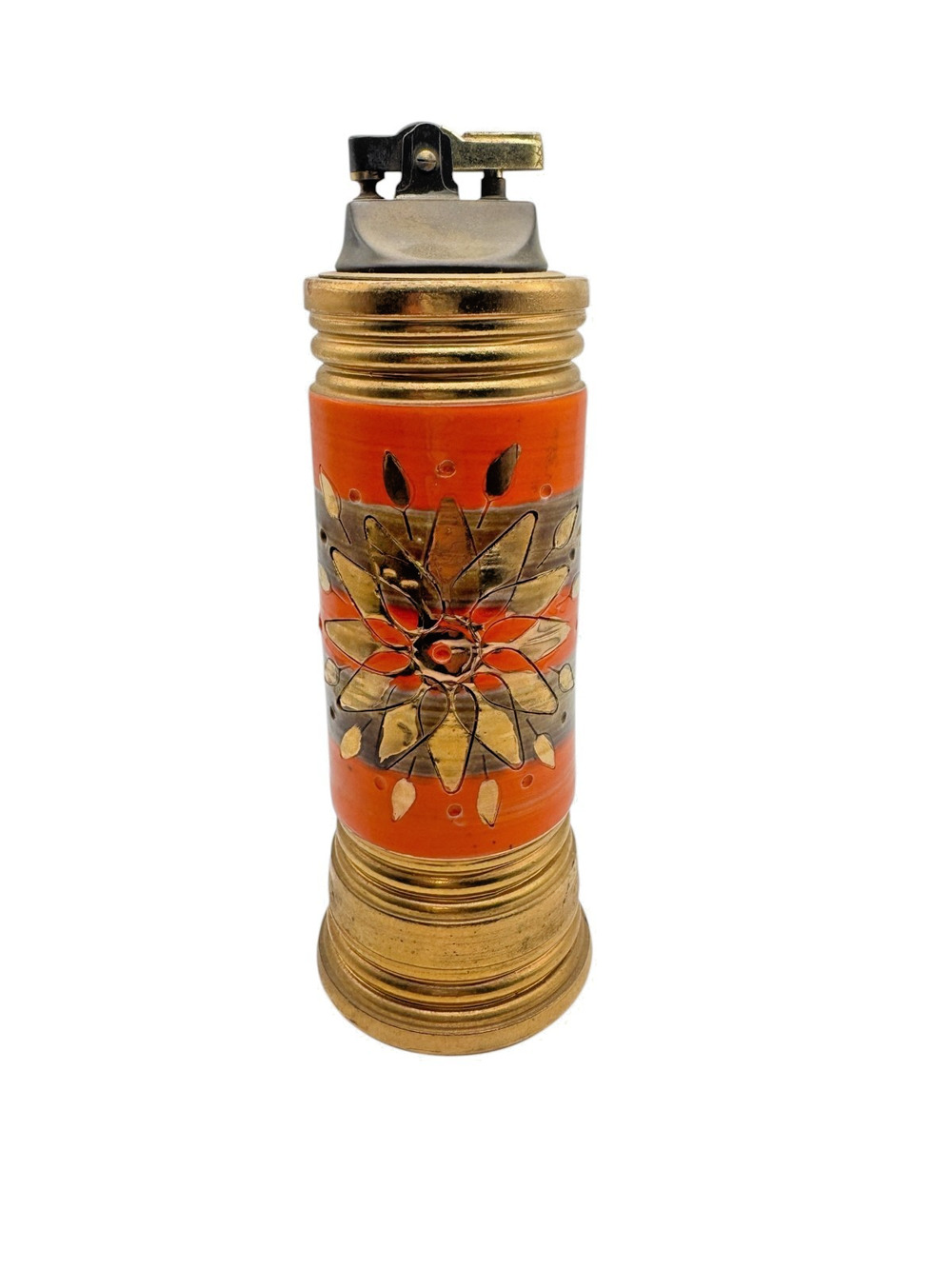 Vintage 70s Italian Ceramic Table Lighter Italy Orange Floral Mid Century Modern